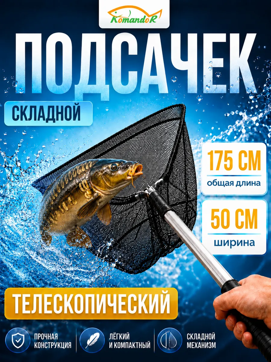 Подсак рыболовный телескопический складной сачок для рыбалки