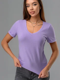 Футболка базовая с v вырезом однотонная хлопковая