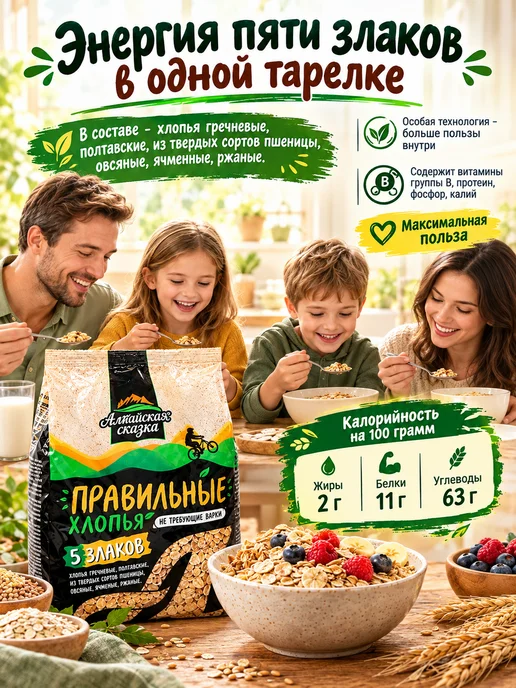 алтайская сказка Хлопья 5 злаков 4уп по 400 гр, 400 г, фото 3