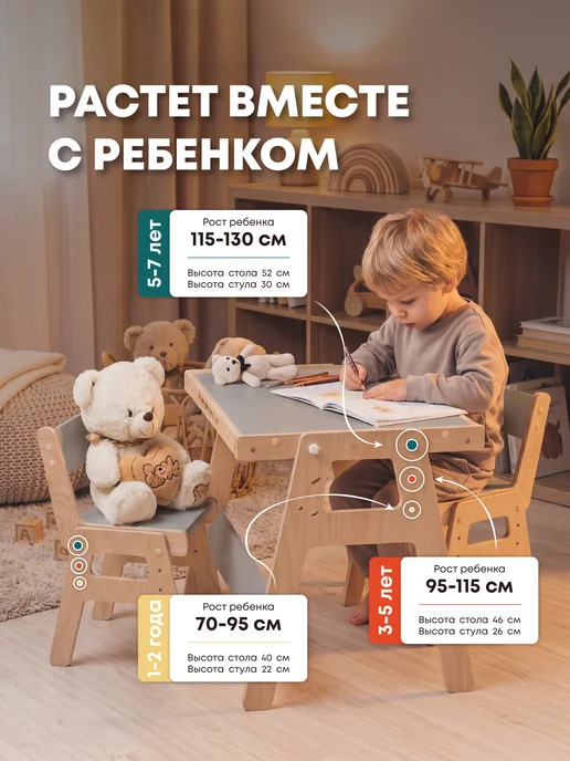 Kronly Детский стол и стул растущий от года, серый, фото 2