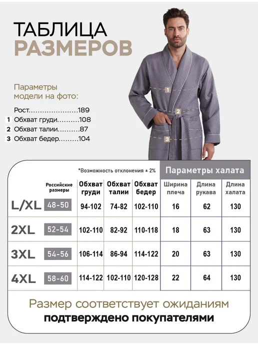 VIEN Халат мужской домашний хлопок вафельный банный COMFORT, серый, фото 5
