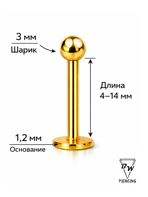BILLY WILLY Пирсинг украшение Лабрет черный d-1.2mm (6,8,10) мм титан, титан, фото 2