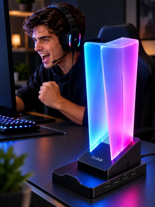 LOQI Подставка для наушников и телефона с подсветкой и usb hub, черный, фото 4