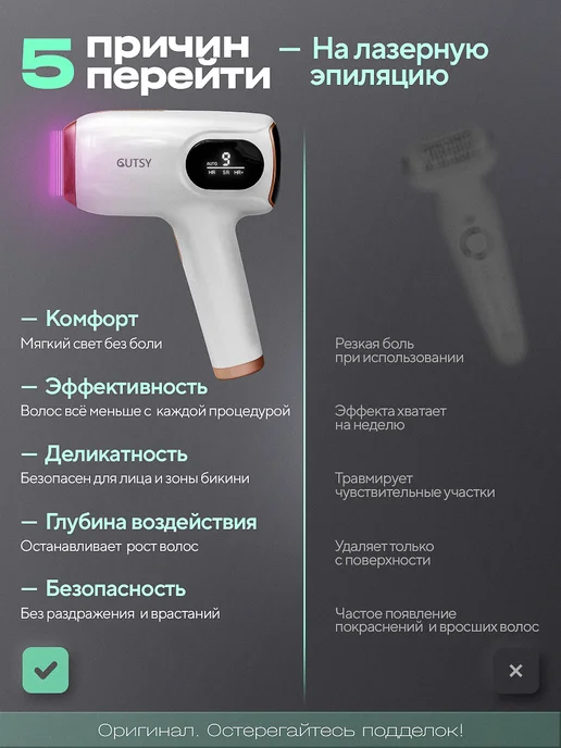 Gutsy Лазерный эпилятор профессиональный 3в1 мощный 22-24 Дж, белый, фото 3