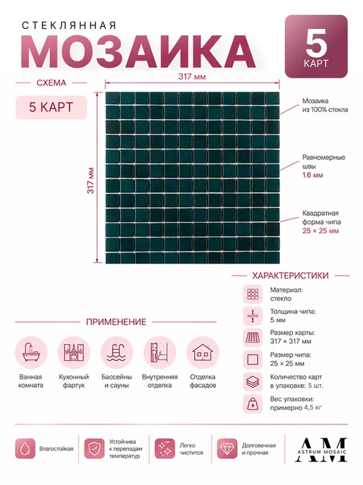 Astrum mosaic Стеклянная мозаика чип 25х25, 5 карт 317х317, 0.5кв.м, 25x25, фото 4