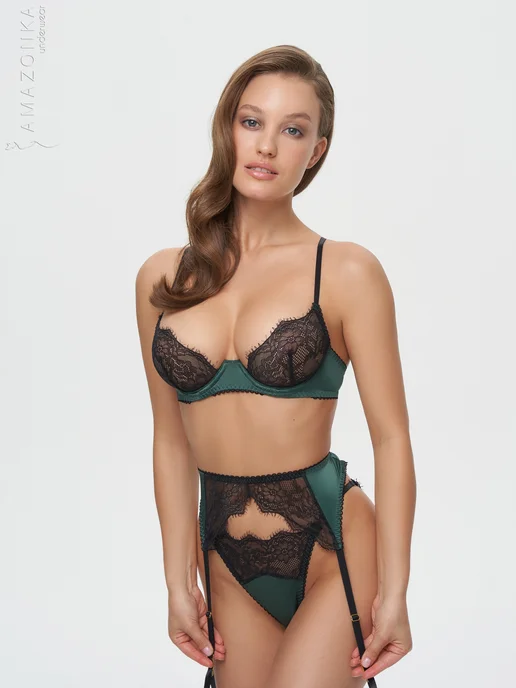 Amazonka underwear Нижнее кружевное белье комплект с поясом, черный, фото 3