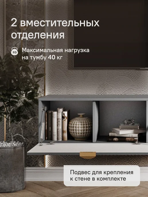 StroyKa Тумба под телевизор подвесная 1 модуль Белый матовый, серый, фото 2
