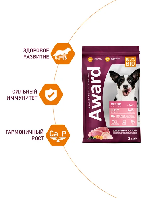Сухой корм AWARD для собак, щенки, индейка, курица, 2 кг, фото 7