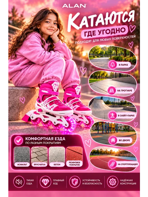 Ролики раздвижные фиолетовый в сумке для девочки, розовый, фото 6