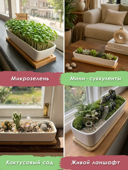 KerGen Кашпо для суккулентов широкий с подставкой, белый, фото 3